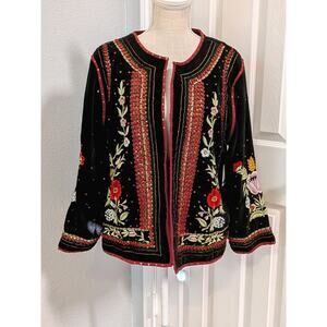 John Mark Velvet Embroidered Beaded Boho Jacket/Blazer Size XL Hook Eye Closure